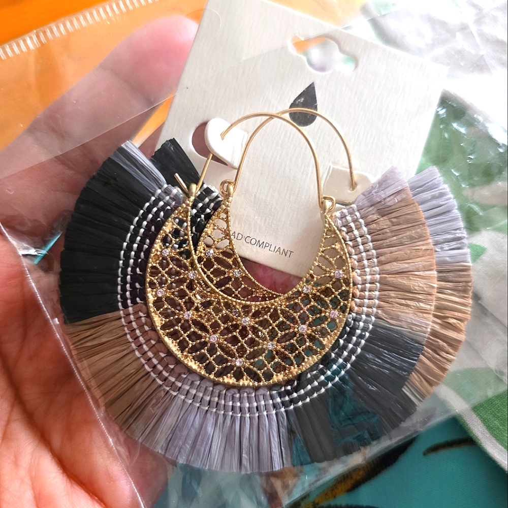 Bohemian Filigree Tassel Elegant Gold and Black Hoop Earrings